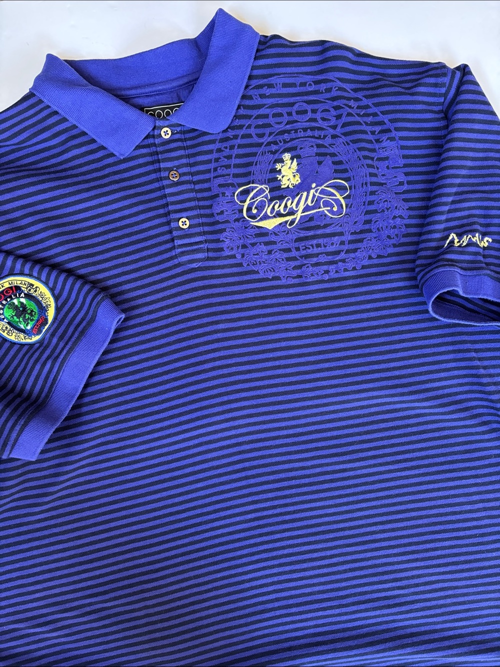 COOGI Big Logo Embroidered Purple Striped Pique Short Sleeve Polo Shirt Mens 5XL